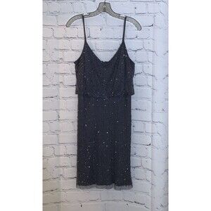 Adriana Papell Mini Dress Sz 14 Gray Beaded Cocktail Short Strappy Evening Gown